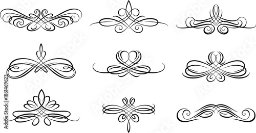 Ornate Black Flourishes and Swirls on White Background Keywords: black, flourish, swirl, scroll, ornate, decorative, elegant