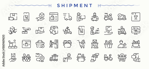 Shipment icon set. Delivery icon set. Line icons with editable stroke. Contain linear symbols parcel, delivery, deliver, logistic, courier, car and more. Pictogram and infographic.