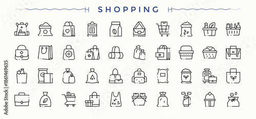Shopping icon set. Related to buy, grocery, supermarket, shopping bag, shop, pay and more. Shopping Bag modern icon set. Minimal linear icons. Editable vector art and illustration.