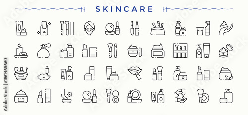 Skincare icon collection. Thin line icons set. Care vector icon set. Pack of beauty, care, cosmetics product, cosmetic, skincare and more.