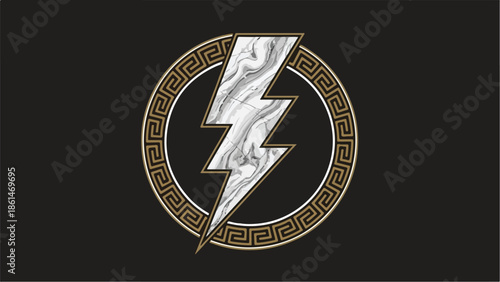 Lightning Bolt with Greek Key Pattern in Gold and Silver on Black Background.