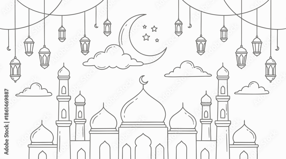 Fototapeta premium Eid Mubarak Doodle Vector Set – Islamic Holiday Hand Drawn Line Icons Collection