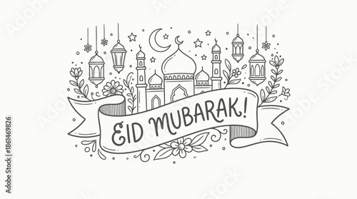 Eid Mubarak Doodle Vector Set – Islamic Holiday Hand Drawn Line Icons Collection