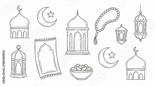 Eid Mubarak Doodle Vector Set – Islamic Holiday Hand Drawn Line Icons Collection