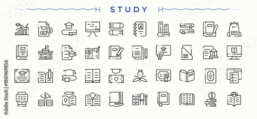 Study icon set. Perfect for logos and infographic. Studying icon collection. Pack of studying, university, book, learn, school, education, degree and more.