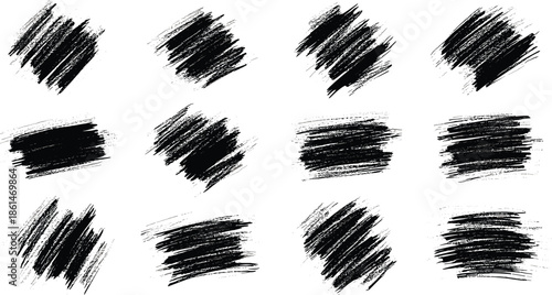 Set of Black Grunge Brush Stroke Textures on White Background vector illustration