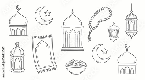 Eid Mubarak Doodle Vector Set – Islamic Holiday Hand Drawn Line Icons Collection