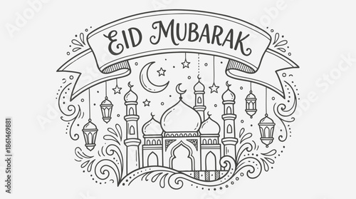 Eid Mubarak Doodle Vector Set – Islamic Holiday Hand Drawn Line Icons Collection