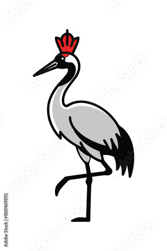 Majestic crane bird with red crown vector illustration, isolated on white.