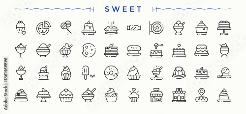 Sweets icon. Minimalist icons collection. Editable vector illustration. Dessert icon set. Containing candy, cake, cookie, chocolate, dessert and more.