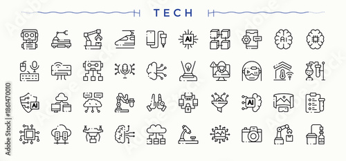 Tech line icon set. Automation icon set. Related to technology, engineering, innovation, optimization, development, automation, ai and more. Vector illustration in modern line style.