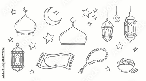Eid Mubarak Doodle Vector Set – Islamic Holiday Hand Drawn Line Icons Collection