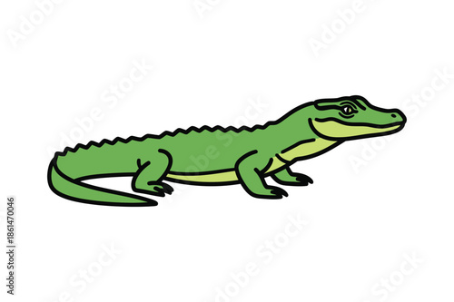 Side view of a flat style cartoon alligator mascot