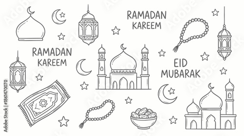 Eid Mubarak Doodle Vector Set – Islamic Holiday Hand Drawn Line Icons Collection