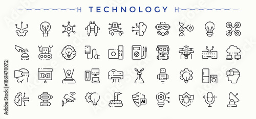 Technology icon set. Tech icon set. Collection of simple line web icons. Included smart, ai, tech, computer, internet. Vector artwork and illustration.