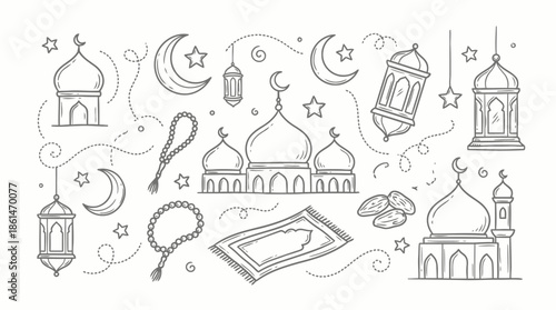 Eid Mubarak Doodle Vector Set – Islamic Holiday Hand Drawn Line Icons Collection