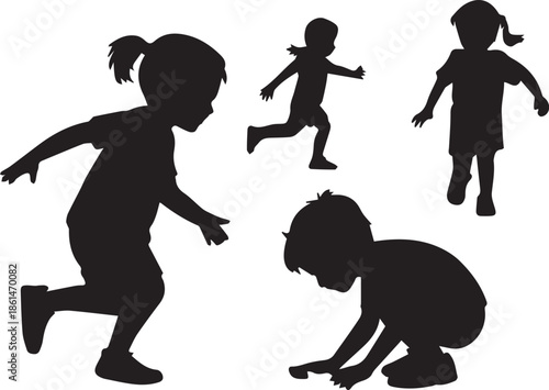 Silhouettes of children playing and running in various poses black and white jumping