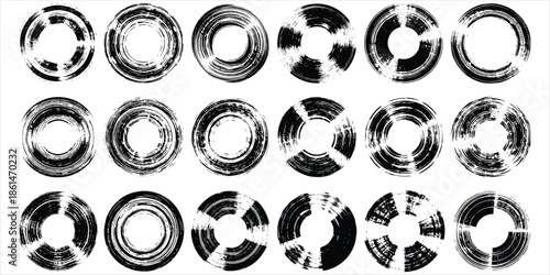 Set of Grunge Circular Brush Strokes and Splatter Textures Keywords: circle, grunge, brush stroke, texture, splatter, ink, paint