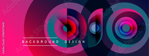 Abstract vibrant design features overlapping circles, gradients. Pink, purple, blue hues create dynamic visual effect. Text reads background design.