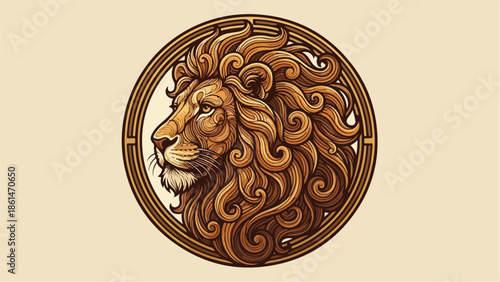 Majestic Lion Head Profile in Ornate Circular Frame.