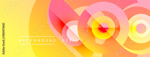 Abstract vibrant layers create dynamic circular composition. Yellow, orange, pink hues blend smoothly. Modern design element.