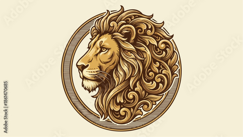 Majestic Lion Head with Ornate Mane in Profile.