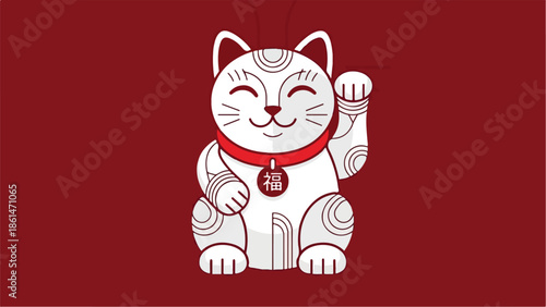 Maneki Neko Lucky Cat Japanese Charm Illustration.
