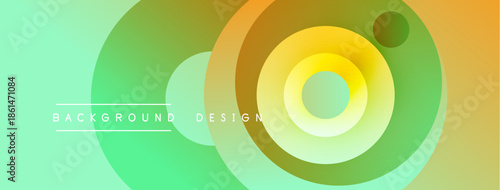 Abstract background features layered circles, gradients shifting from green to orange. Minimalist text reads background design. Modern, vibrant visual.