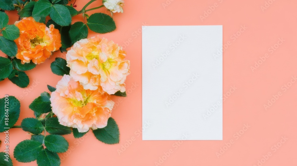 Obraz premium 花と白い紙が置かれたオレンジの背景