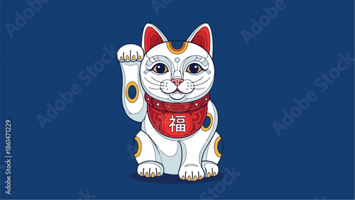 Maneki Neko Lucky Cat Japanese Charm on Blue Background.