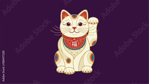Maneki Neko Lucky Cat Japanese Charm Isolated on Purple Background.