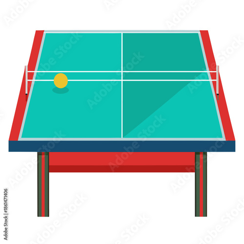 Title: A table tennis table with a blue playing surface and a yellow ball on it geom