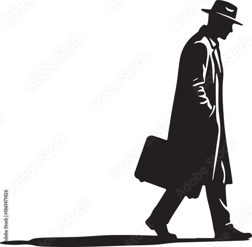 Bold line drawing of lonely walking man expressing solitude and journey on white background