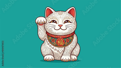 Maneki Neko Lucky Cat Waving Paw Illustration.
