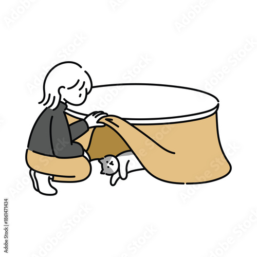 Girl Looking Under Table at Hiding Cat Vector