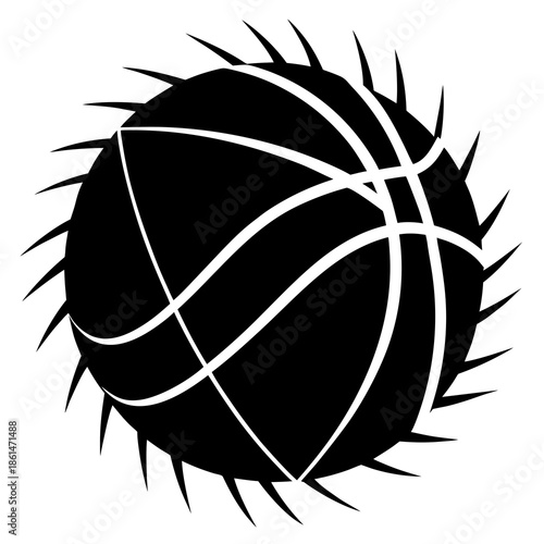 Title: A black and white of a basketball with sharp, spiked lines on a transparent background