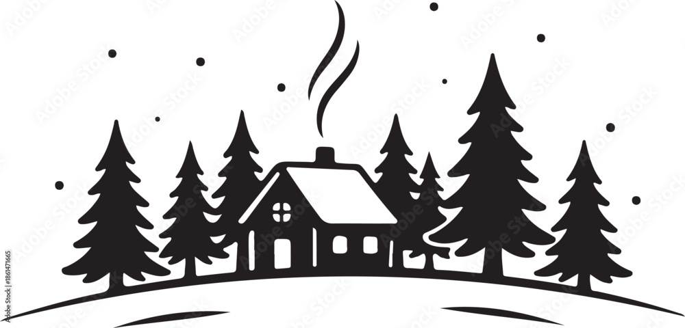 Obraz premium Simple elegant christmas decoration winter countryside landscape with small house and spruce trees