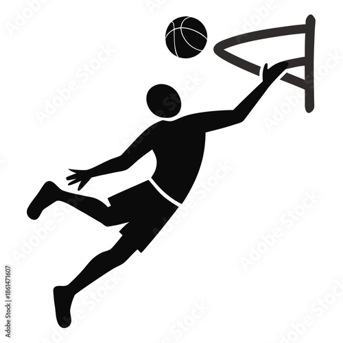 Title: Silhouette of a basketball player attempting a layup with a basketball and hoop in a