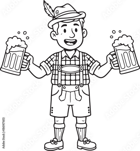 Bold line drawing cartoon oktoberfest man holding beer celebrating festival culture on white background