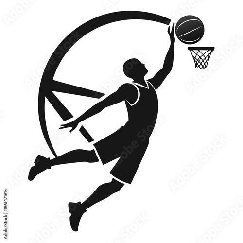 Title: Silhouette of a basketball player in mid-air performing a slam dunk with a basketball and