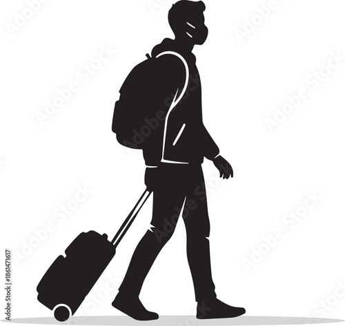 Travel silhouette person walking with rolling luggage wearing face mask journey concept