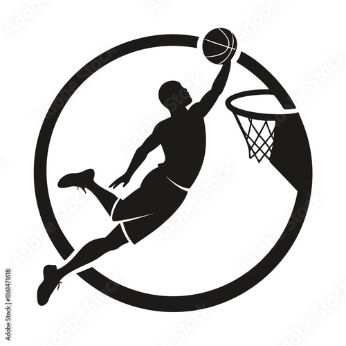 Title: Silhouette of a basketball player in mid-air performing a slam dunk with a basketball and