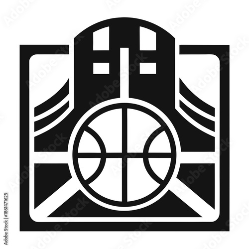 Title: A black and white of a building with a circular target symbol in the center