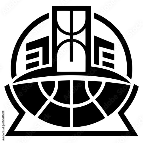 Title: A black and white of a building with a circular target symbol in the center