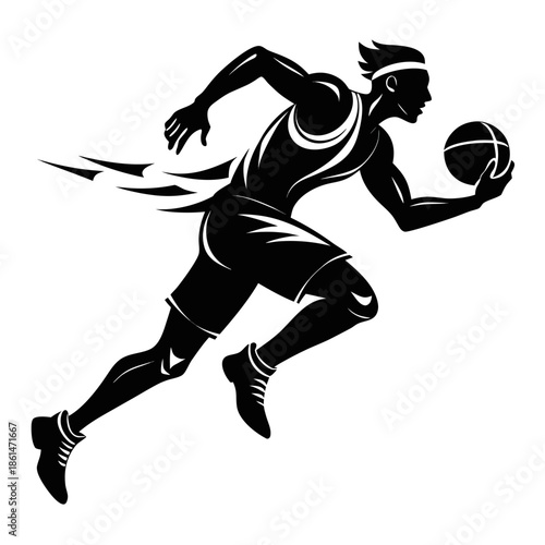 Title: Black and white of a basketball player dribbling with dynamic motion lines