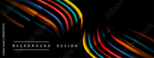 Abstract dynamic lines create vibrant curves. Black background emphasizes colorful shapes, modern design element.