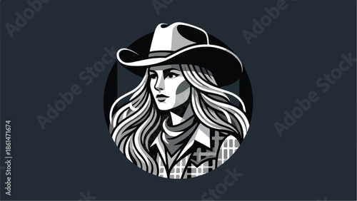Monochromatic portrait of a cowgirl with long flowing hair and a classic cowboy hat captured in a bold illustrative style.