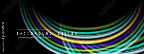Abstract colorful curves over black background. Modern design elements create dynamic visual effect. Simple text labels bottom center.
