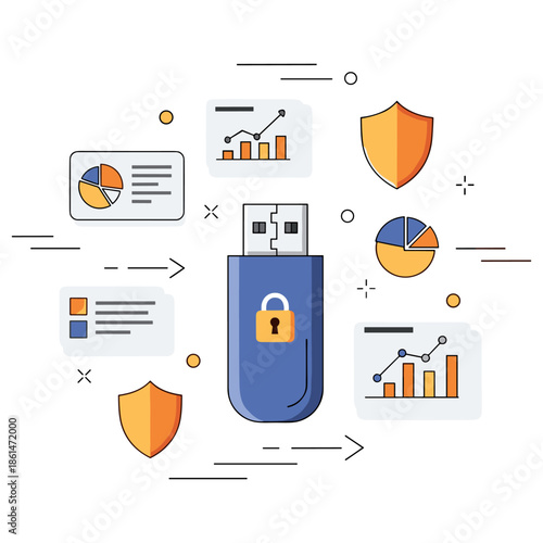 Secure data storage concept with usb drive and analytics icons