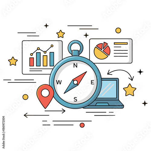 Navigational compass with data charts and laptop illustrating analytics and direction